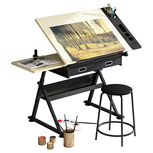 None Adjustable Drawing Table with Tiltable Tabletop, 2 Drawers, and Stool