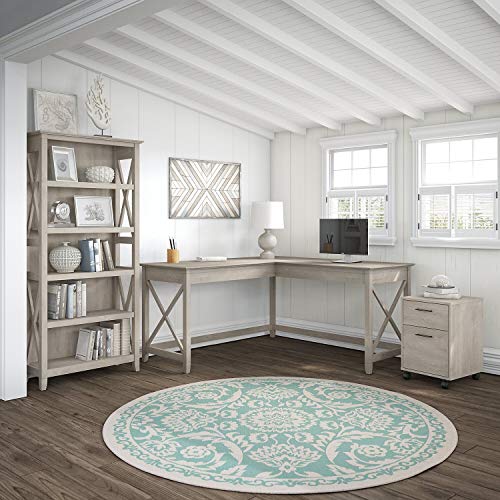 Bush Furniture Key West L Shaped Desk Set with File Cabinet and Bookcase, 60W, Washed Gray