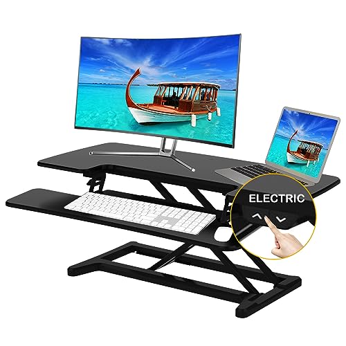 Aveyas Electric 32" Motorized Standing Desk Converter, Height Adjustable Sit to Stand Riser with Dual Monitor Lift