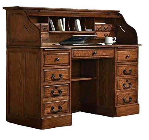 Country Marketplace Solid Oak Roll Top Desk - Executive Home Office Secretary Organizer 54"x24"x45" - Locking File Drawers - Quality Crafted Construction