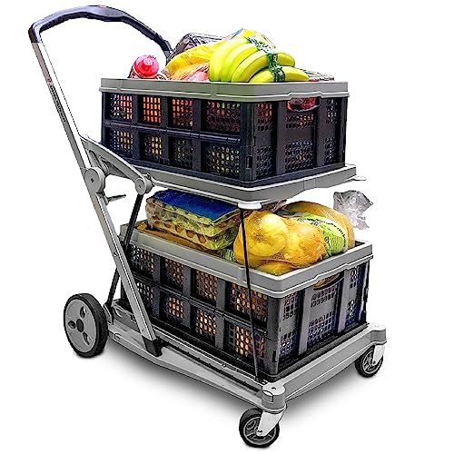 EasyGo Product Folding Utility Shopping Cart with 2 Collapsible Storage Crates - Folds Flat, Fits in Car Trunk - Ideal for Shopping, Laundry, Sports - Parking Brake