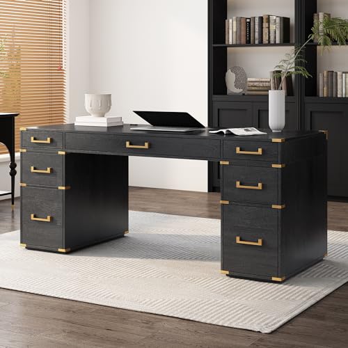 Merax Executive Writing Desk with File Drawers, USB Ports, Outlets, Hidden Compartment - 70" Black+Gold