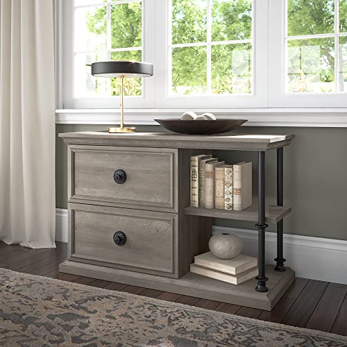 Bush Furniture Coliseum Lateral Shelves 2 Drawer File Cabinet in Driftwood Gray