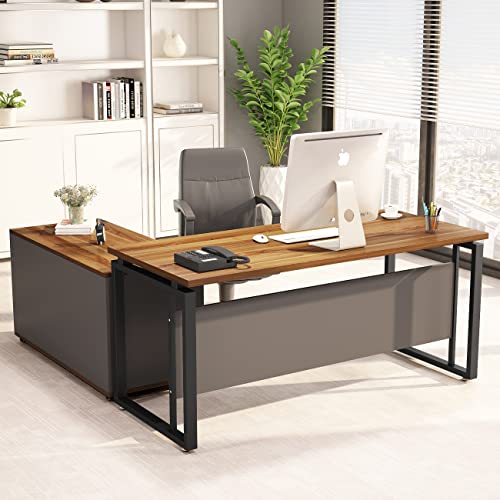LITTLE TREE Executive Desk and File Cabinet Set - Walnut, 55" Desk, L-Shaped, Business Furniture with Storage Stand
