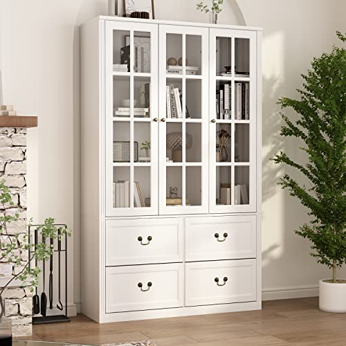 AIEGLE Tall Bookcase with Glass Doors and Drawers, 47.2" Wide 4-Tier Bookshelf - White