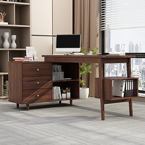 Homsee L-Shaped Executive Desk with Drawers, Shelves, Keyboard Tray & Storage Cabinet, 55 Inch - Deep Brown