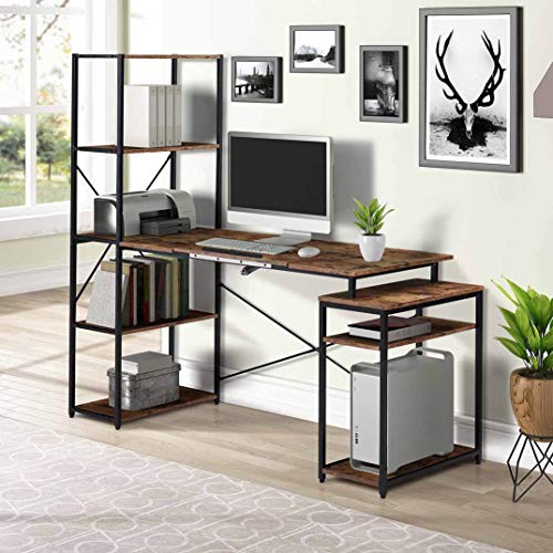 65.3''L-Drafting Table Multi-Function Drawing Table with Adjustment Table Board Computer Desk Writing Desk Workstation for Office Home with Bookshelves Hutch Rusty