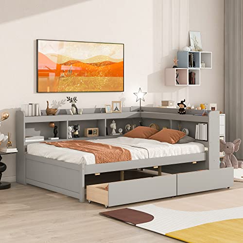 BQXDJT Full Size Wood Floor Bed with L-Shaped Bookcases and Storage Drawers - Grey