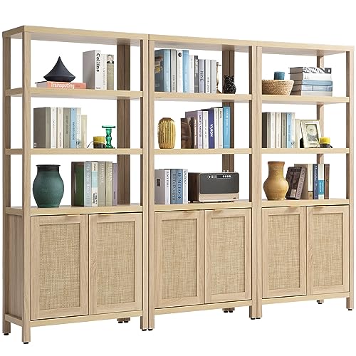 SICOTAS 5 Tier Rattan Boho Bookshelf with Doors - Natural 3PCS