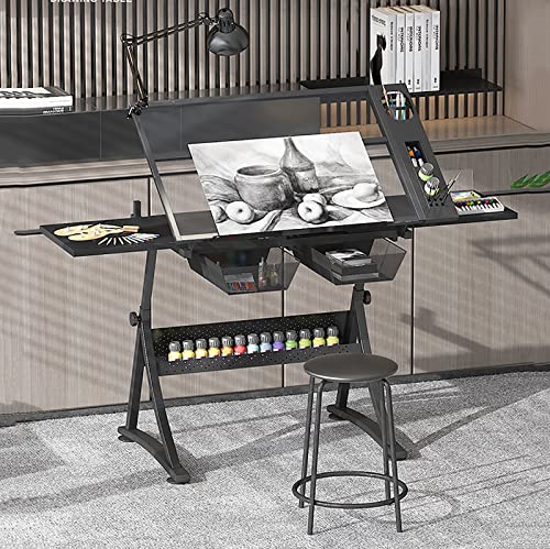EESHHA Adjustable Glass Drawing Table with Storage