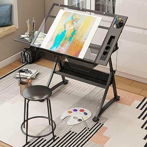 CNAOHGHN Drafting Desk with Stool, Height Adjustable Glass Writing Table