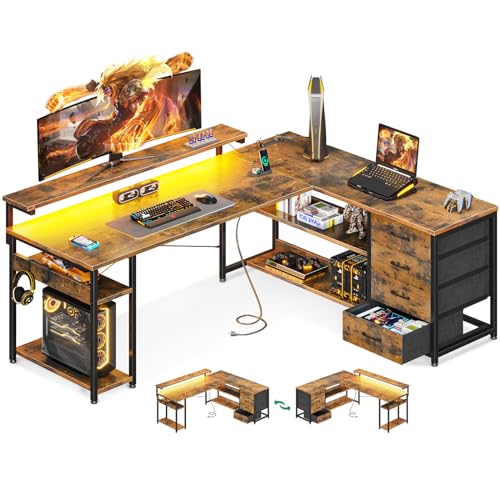AODK 61" L Shaped Desk with Drawer, Power Outlets & LED Lights, Reversible Corner Gaming Desk
