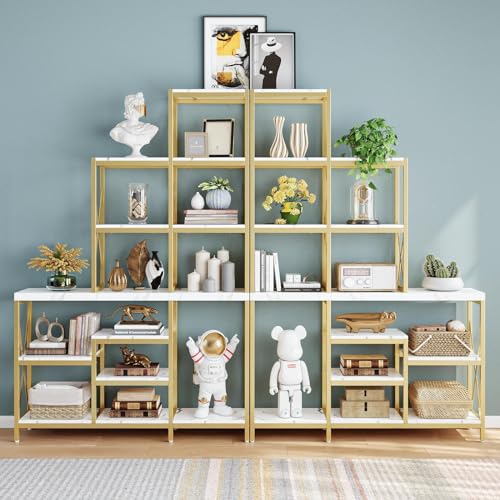 HolliWill Gold Book Shelves Set of 2 - 70'' H Etagere Bookcase with Metal Frame, 110'' W Modern White Wood Shelf