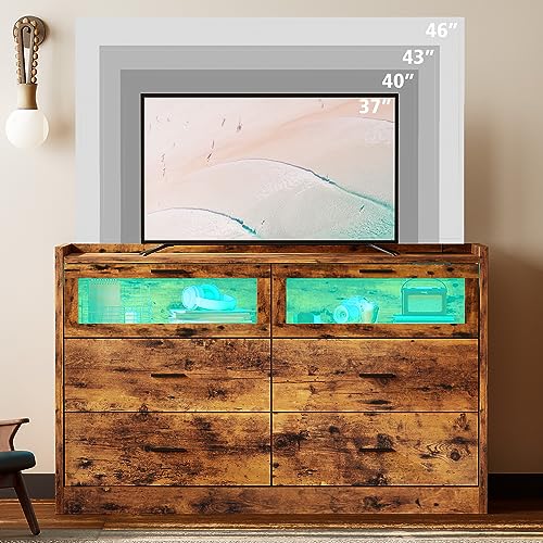 LIKIMIO 47" 6 Drawer Glass Dresser with LED, Power Strip, and Storage Cabinet - Rustic Brown