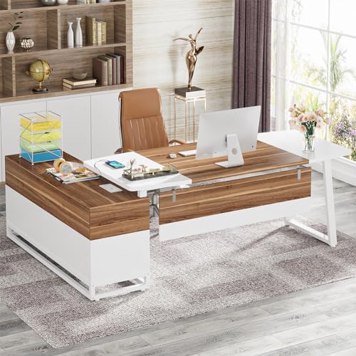Tribesigns Executive Desk and Lateral File Cabinet Set, Large L-Shaped Computer Desk with Storage, White/Walnut