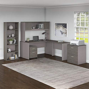 Bush Furniture Commerce 60W L Shaped Desk with Hutch, File Cabinets and Bookcase in Cocoa and Pewter
