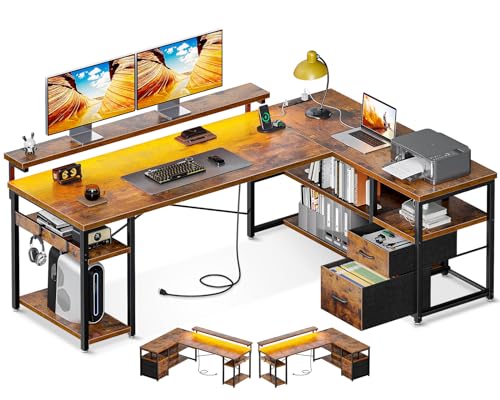 ODK L Shaped Gaming Desk with File Drawers, Power Outlets, LED Lights - 61 Inch Vintage