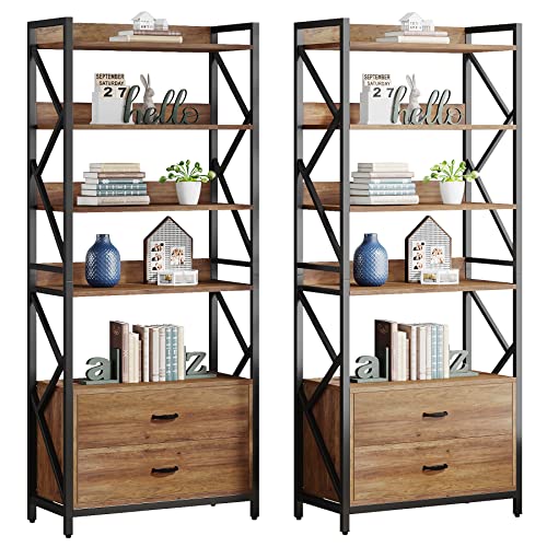 Tribesigns Industrial Bookshelf with Drawers, 70.8" - 5 Shelf Open Storage, Brown - 2pcs