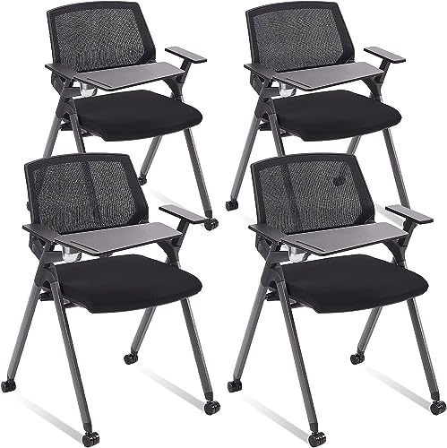CLATINA Mesh Folding Chairs with Tablet Arm and Wheels, Black (4 Pack)