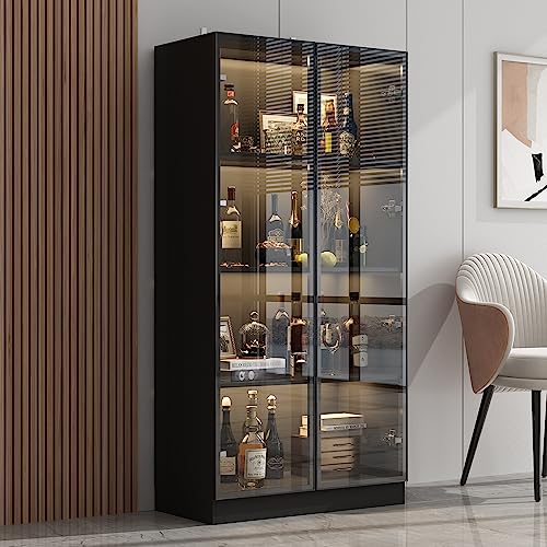 Homsee 4-Tier Bookcase Bookshelf with Glass Doors, LED Lights, Wooden Display Storage Cabinet - Black (31.5”W x 15.7”D x 63”H)