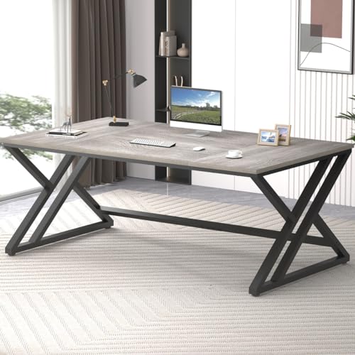 LVB Modern Industrial Double Workstation Desk, 70.8" Long, Light Grey Oak