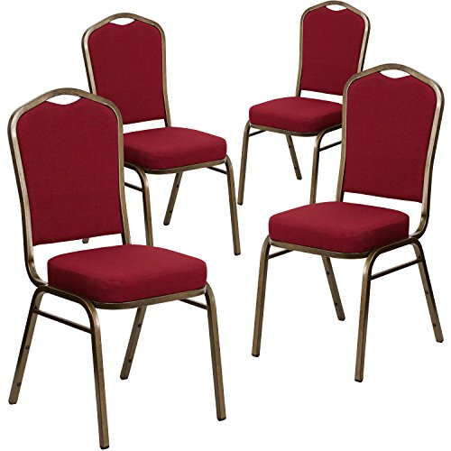 BizChair 4 Pack Crown Back Stacking Banquet Chair Burgundy Fabric Gold Vein Frame