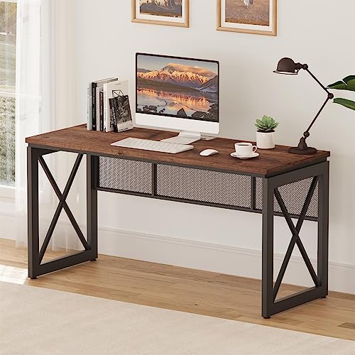 BON AUGURE 60 Inch Computer Desk for Home Office, Industrial Metal Wood Farmhouse Writing Desk