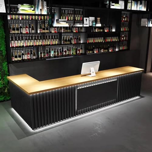 KAGUYASU Modern Reception Desk with Led Light, Retail Counter Table, Filing Cabinet Hutch, Office Front Desk (Natural Wood Platform L Shape + Black, 94.49")