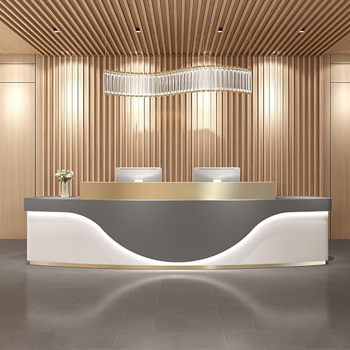 KAGUYASU Modern Curved Reception Desk with Light, Checkout Counter Hutch, Retail Counter Table, Lockable Drawer Door File Cabinet, Office Computer Front Desk (Grey + Gold Stainless Steel, 149.61")