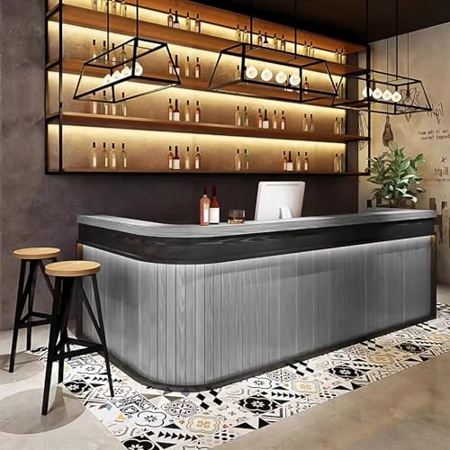 KAGUYASU Retro Corner Reception Desk Curved Bar Counter (Light Gray + Black, D137.8*W23.62*H39.37 inches)