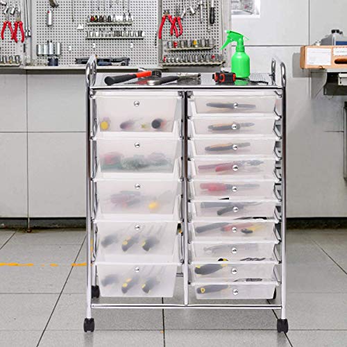 SPSUPE 15-Drawer Multipurpose Rolling Storage Cart with 4 Universal Wheels, Clear