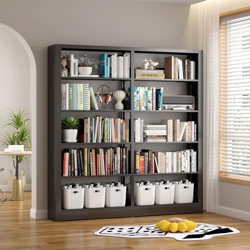 OSEILLC 5-Tier Black Bookshelf with Adjustable Storage Shelves and Book Stopper
