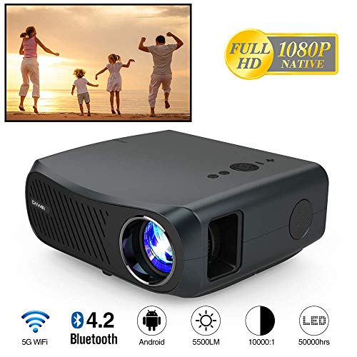 Native 1080P Projector with 5500 Lux, 4K HD Supported 10000:1 Contrast Ratio 5G WiFi Wireless Bluetooth Projector with Smart Phone, Laptop, TV Stick, Zoom, HDMI, USB, VGA for Outdoor Movie