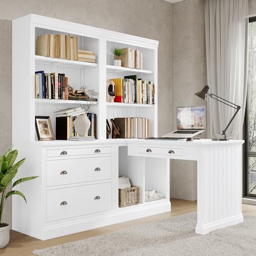 Merax 83.4" Tall Storage Bookshelf & Writing Desk Suite with LED Lighting, Drawers, Open Shelves - 2-Piece Set, White