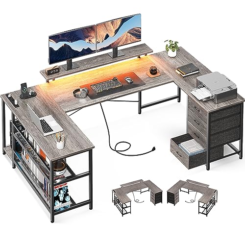 ODK U Shaped Desk with Power Outlets & LED Strip, 66" Reversible L Shaped Desk, Grey Oak