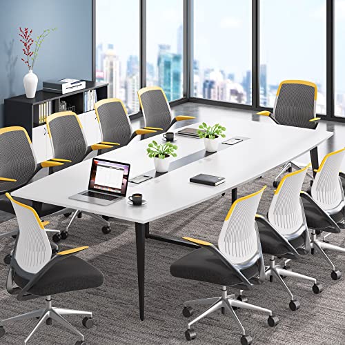 Tribesigns 8FT Boat Shaped Conference Table with Grommet - White & Black, Modern Office Meeting Table