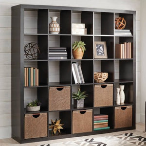 25 Cube Organizer Storage Bookcase Bookshelf or Room Divider (Espresso with Four Cube Bin Black)
