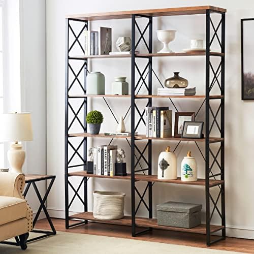 O&K FURNITURE Industrial Double Wide 6-Shelf Bookcase, 76" H - Vintage Brown