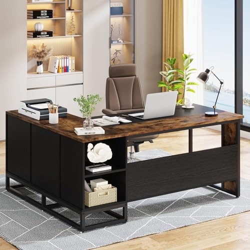Tribesigns 63" L-Shaped Executive Desk with Drawers and Shelves, Rustic Business Furniture, Brown & Black