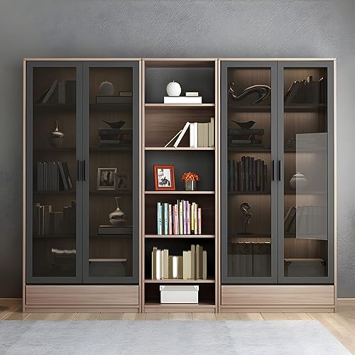 KWOKING Modern Wooden Bookcase with Glass Doors - Closed Storage Bookshelf 79" Natural