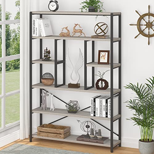 LVB Industrial 6 Tier Bookshelf, Rustic Vintage Etagere Bookcase, Gray Wood and Metal Shelf