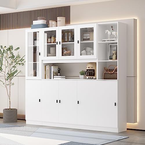 Hitow White Glass Door Tall Bookshelf & Cabinet Set - Home Office Storage Solution