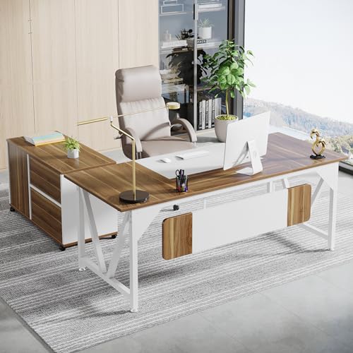 Tribesigns Executive Desk with File Cabinet Combo, L-Shaped Computer Desk, 3 Drawers, White