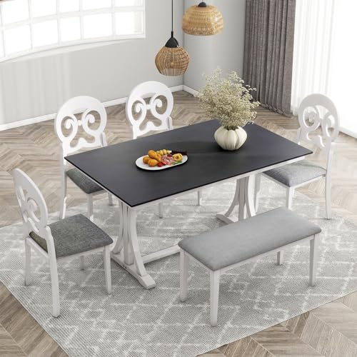 Bxhlxzz 6 Piece Retro Wood Dining Table Set with Chairs and Bench, Gray+Antique White