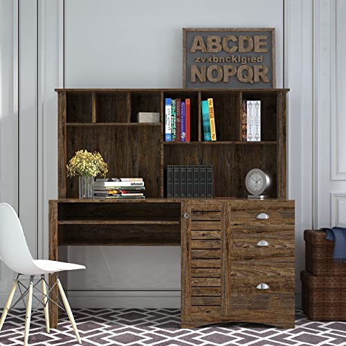 Generic Home Office Computer Desk with Hutch, Antiqued Paint Finish