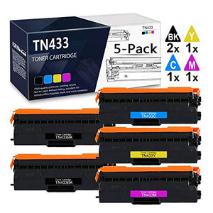 (2BK+1C+1Y+1M) 5-Pack TN-433BK TN-433C TN-433M TN-433Y Compatible Toner Cartridge Replacement for Brother DCP-L8410CDW MFC-L8610CDW MFC-L8900CDW MFC-L9570CDWT HL-L8360CDW HL-L9310CDW Printer