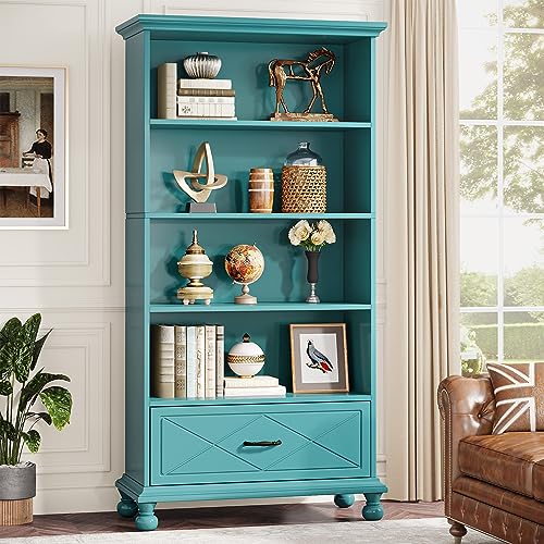 Tribesigns 6-Shelf Bookcase with Drawer, 71 Inch Tall Floor Standing Bookshelf - Ocean Blue