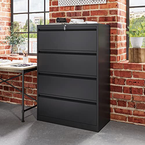 YITAHOME 4 Drawer Metal Lateral Filing Cabinet with Lock, Black - Legal/Letter A4 Size