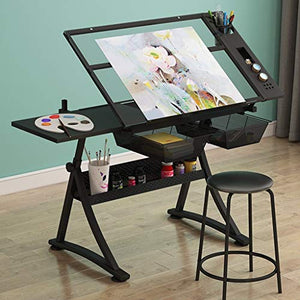 Lgan Tiltable Drawing Table, Adjustable Art Desk, with Storage Craft Table, Drafting Table Glass Panel, Child Adult Drawing Desk