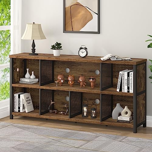 LVB Rustic Horizontal Bookshelf, Industrial Cube Storage Organizer, 63" - Rustic Brown